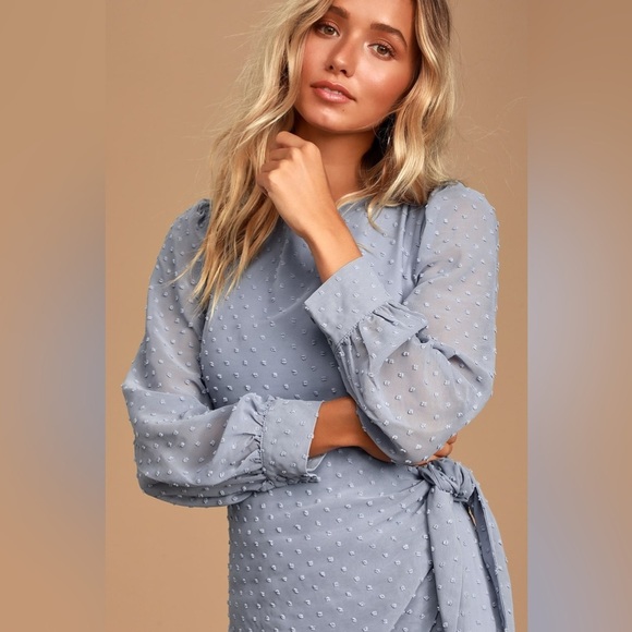 LULU’S Much Love Light Blue Swiss Dott Long Sleeve Tie-Front Mini Dress - Picture 3 of 7